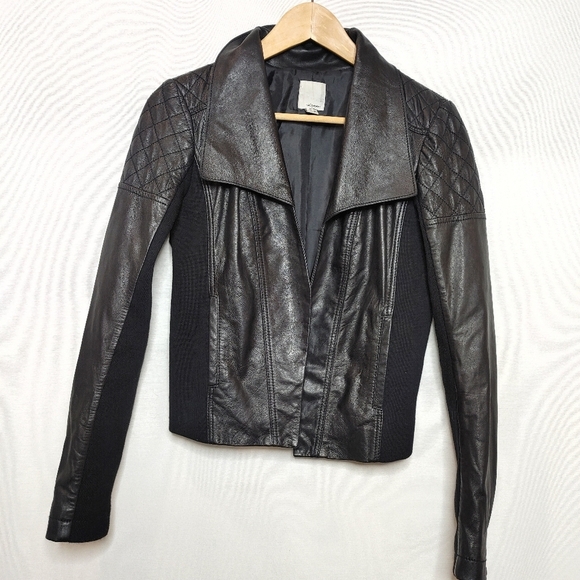 Halogen Quilted Lamb Leather Moto Open Front Jacket Stretch Knit Panel Black S - Picture 11 of 11